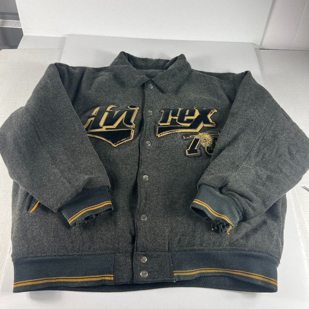 VTG Avirex Wool Jacket Extra Extra Large Grey Distressed Snap Button Bomber